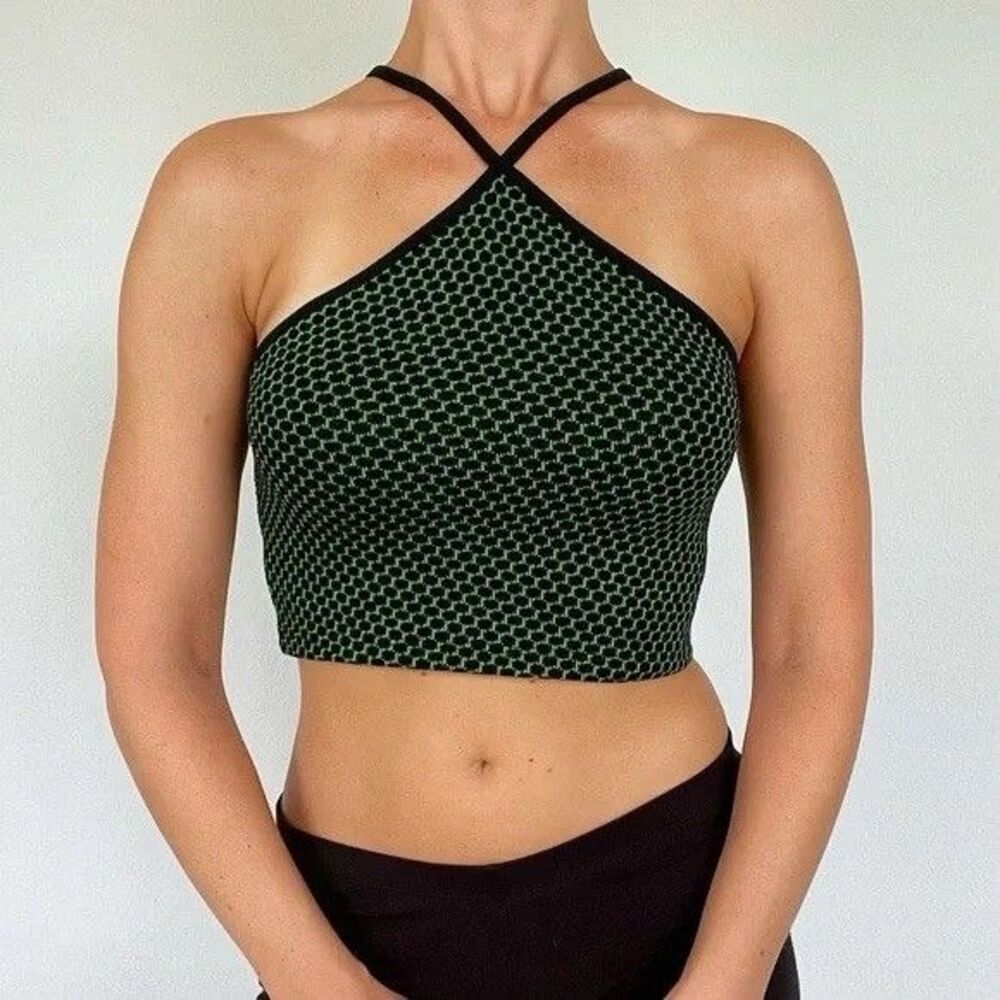 ZARA Jacquard Knit Halter Crop Top Green & Black Honeycomb Women's Size US XS-S